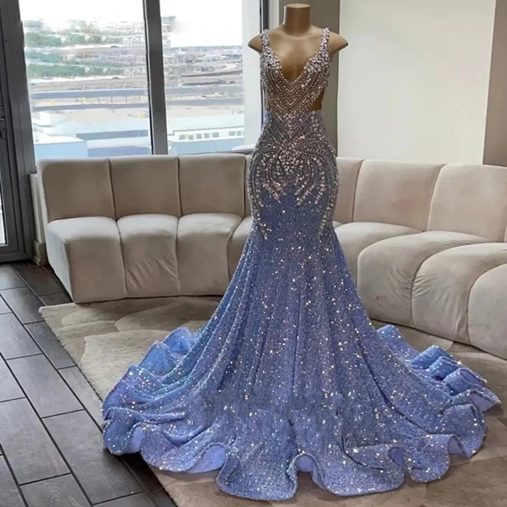Sparking Blue Sequins Mermaid Black Girls Prom Dresses Beadings Crystals Spaghetti Straps Long Party Gowns Vestidos 0220