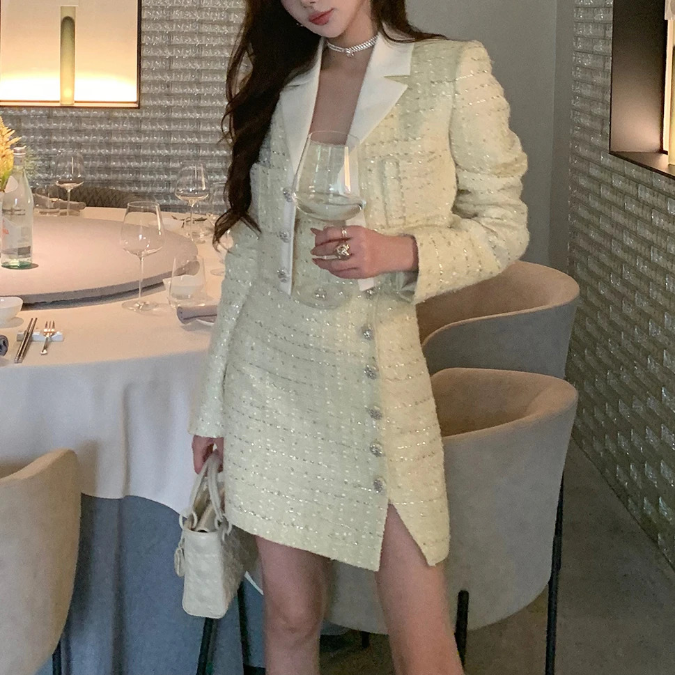 Embellished Cropped Women Tweed Blazer French Style Hollow Suspenders Mini Dress Cropped Jacket Autumn in Two Pieces Set 240223