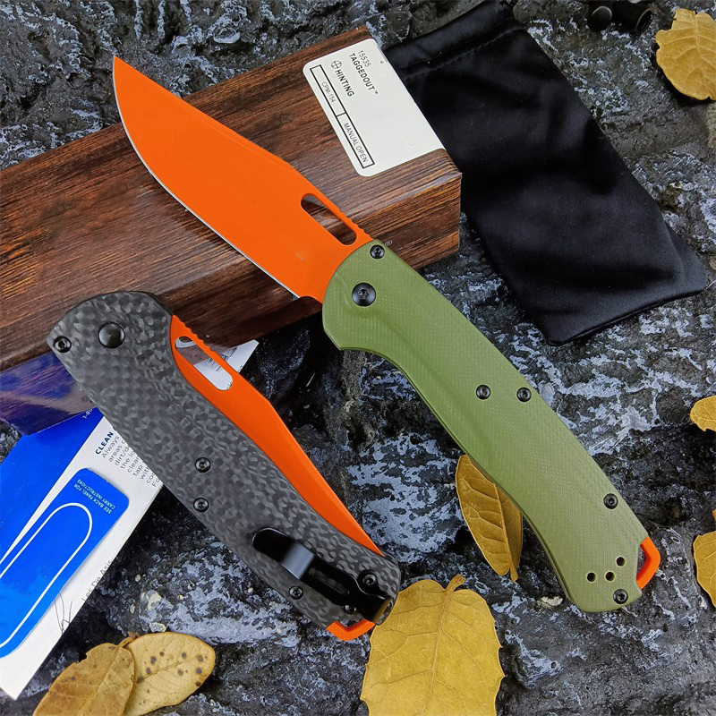 BM Hunt 15535 Taggedout Folding Knife Orange Coating CPM154 Clip Point Blade Green G10/Carbon Fiber Handles EDC Outdoor Hunting Hiking Self Defense Knives