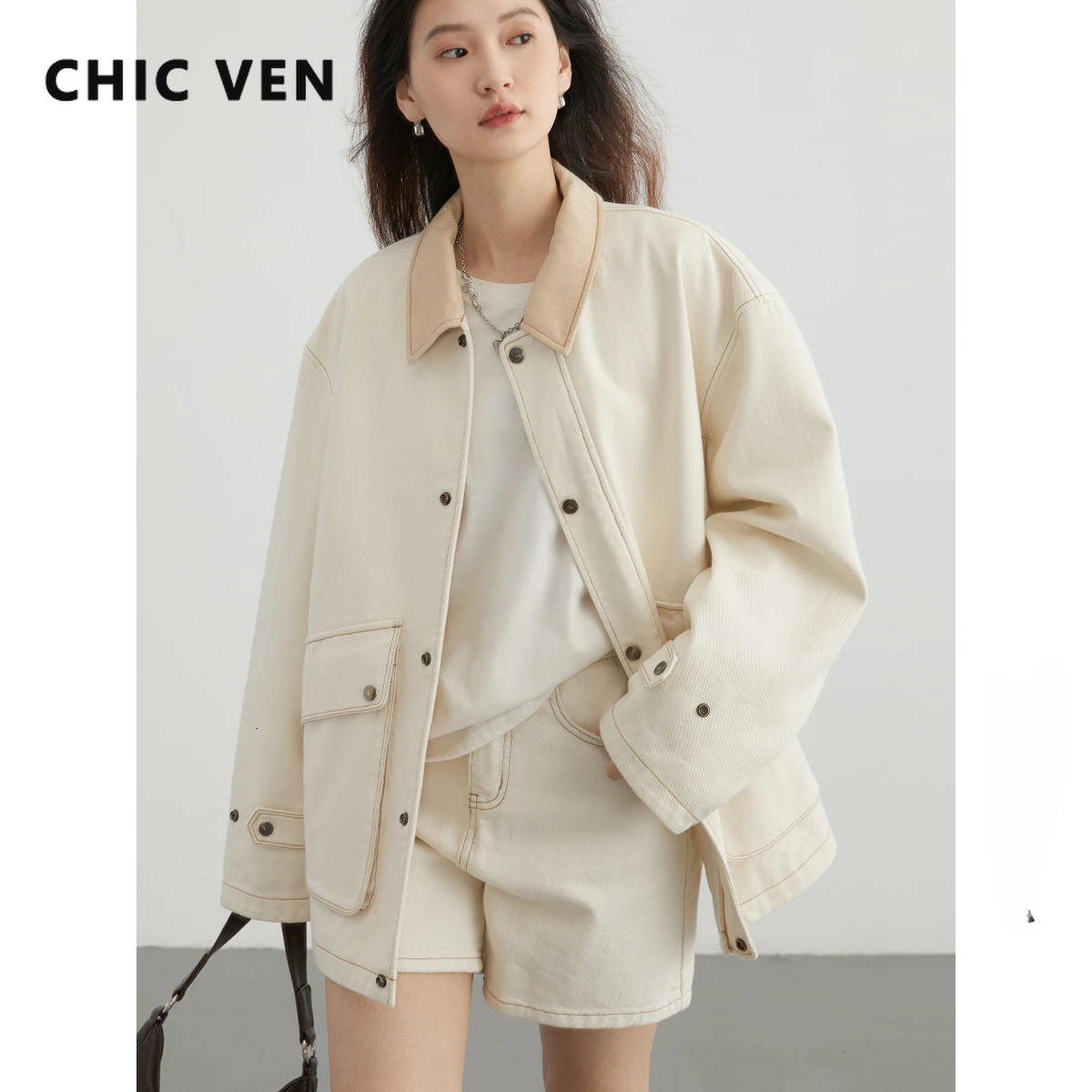 CHIC VEN Womens Jacket Solid Retro Corduroy Lapel Female Coat Loose Cotton Fashion Workwear Woman Top Spring Autumn 240226