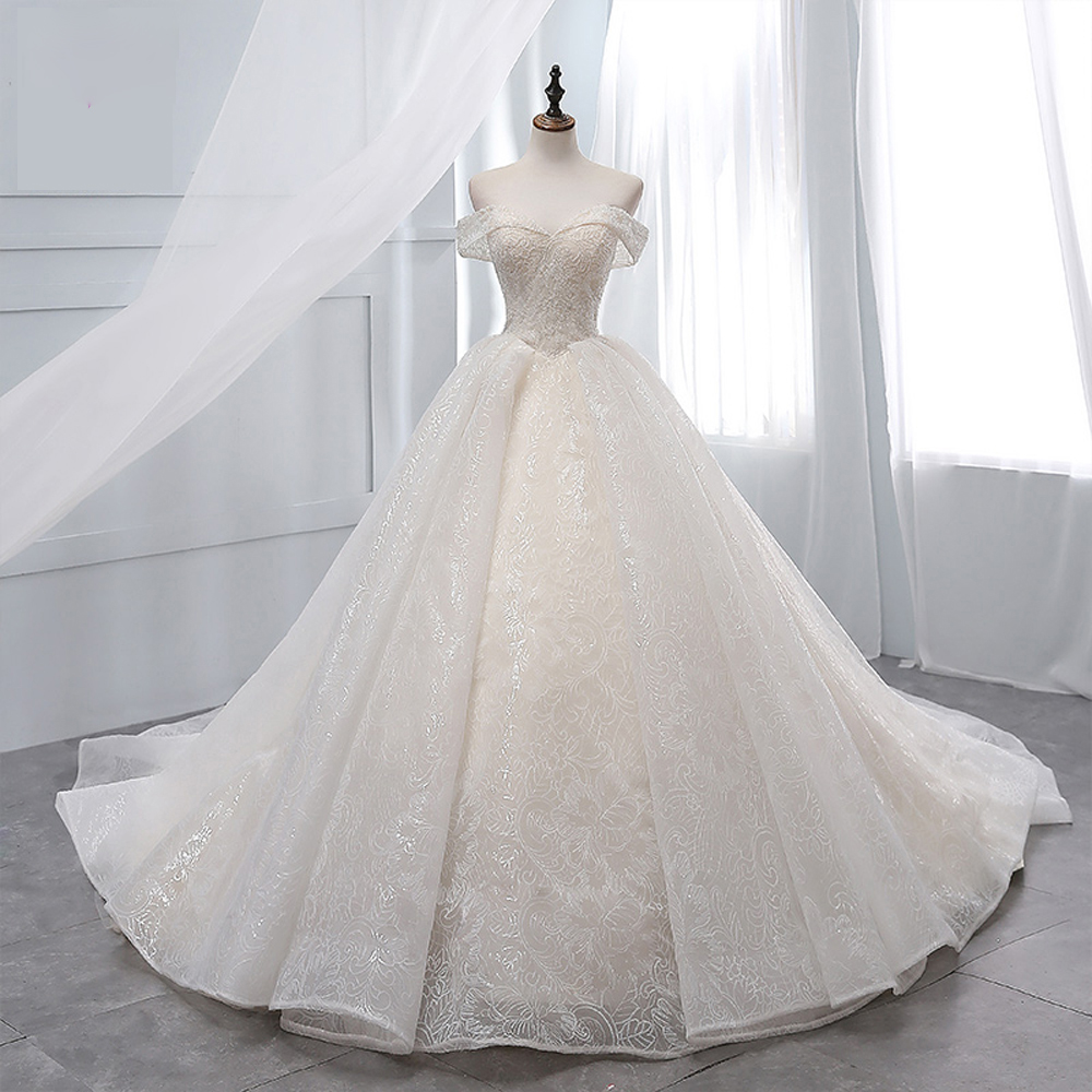 Alonlivn Elegant Off Shoulder Sleeves Ball Gown Wedding Dress Shiny lace Chapel Train Sweetheart Bridal Gowns Can Be Customized