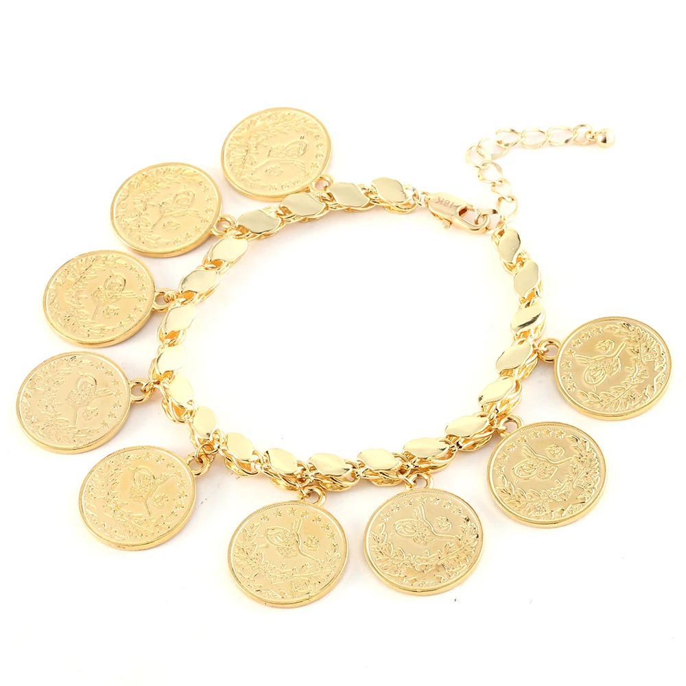 Punk Personality Gold Plated Portrait Coins Bracelet Bangle for Women Round Pendant Carved Turkish Flower Jewelry Accessories 240219