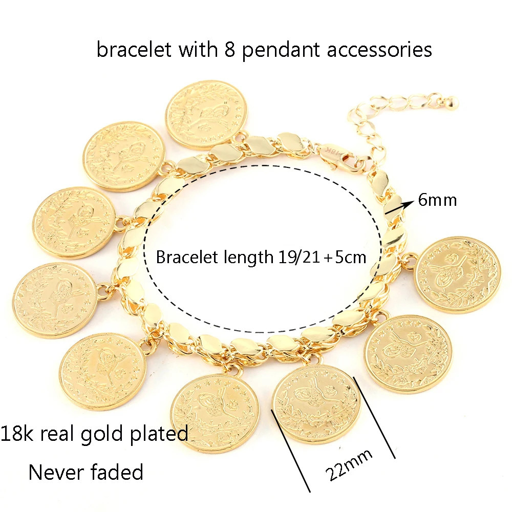 Punk Personality Gold Plated Portrait Coins Bracelet Bangle for Women Round Pendant Carved Turkish Flower Jewelry Accessories 240219