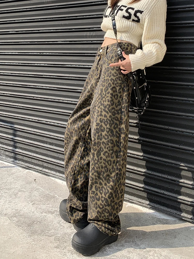 Korean Leopard Print Y2k Jeans Women Casual High Waisted Baggy Wide Leg Denim Pants Fashion Streetwear Retro Straight 240227