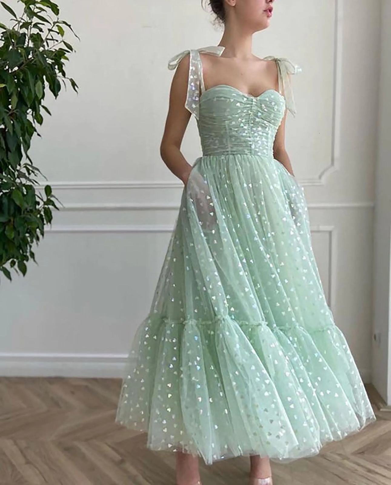 CloverBridal Mint Aline Fairy Glitter Tulle Ankle Length Cocktail Dress Sweetheart Bow Straps Birthday Gown with Pockets WC9740 240227