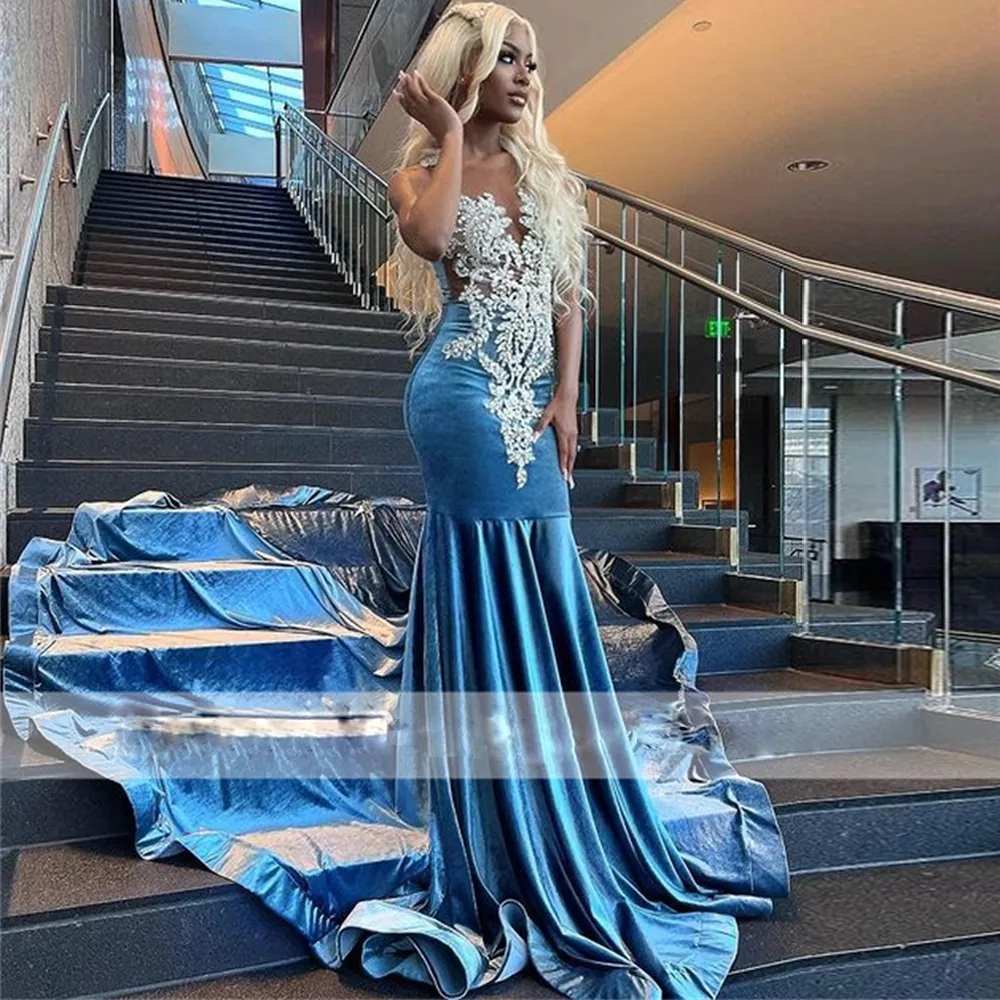 Sexy Velvet Blue Mermaid Prom Dresses Appliques Sheer Neck Evening Gown 2024 Long Train Black Girls Graduation Party Vestidos