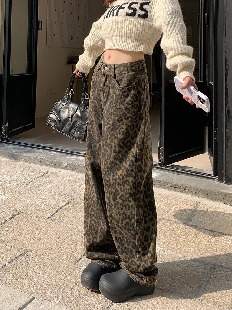 Korean Leopard Print Y2k Jeans Women Casual High Waisted Baggy Wide Leg Denim Pants Fashion Streetwear Retro Straight 240227