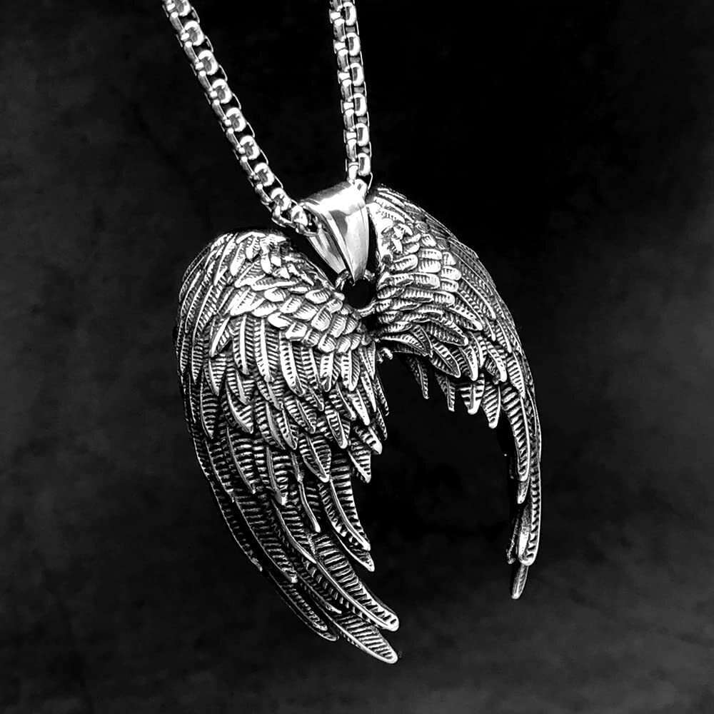 Wolf Tide New Fashion Angel Wings Pendant Necklace Iron Warrior Creative Stainless Steel Chain Personalized Trendy Men's Hip Hop Punk Jewelry Who