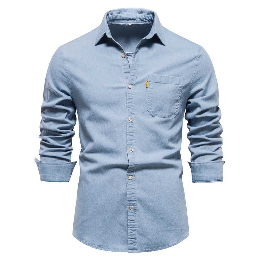AIOPESON Autumn Cotton Mens Denim Shirt Solid Color Single Pocket Casual Long Sleeve Jeans for Men 240227