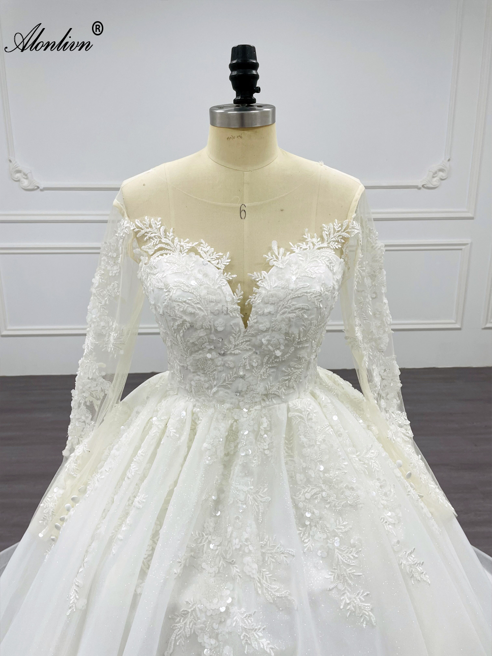 Alonlivn Chic Illusion V-Neck Full Sleeves Ball Gown Wedding Dress Beading Sequined shiny lace Court Train Bridal Gowns Can Be Customized