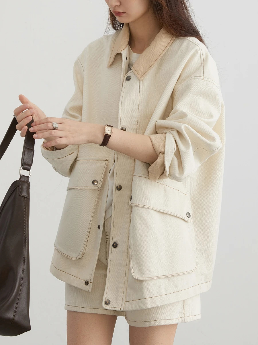 CHIC VEN Womens Jacket Solid Retro Corduroy Lapel Female Coat Loose Cotton Fashion Workwear Woman Top Spring Autumn 240226