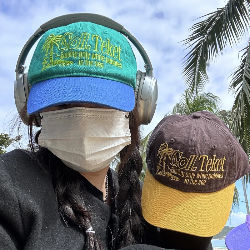 Niche Color Matching Baseball Cap Korean Coconut Tree Retro College Womens Hats Couple Casual Caps Summer Outdoor Sun Hat Men 240220