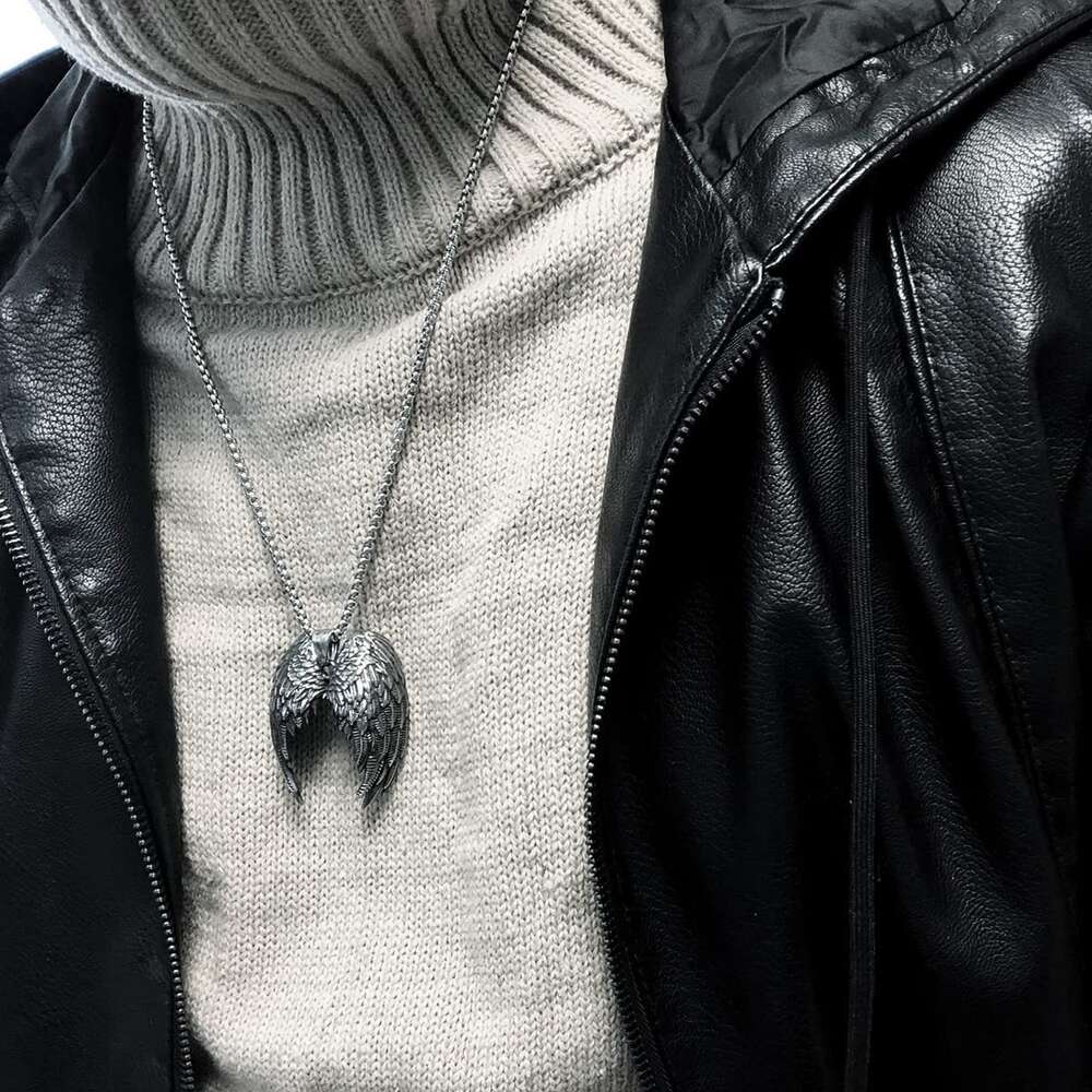 Wolf Tide New Fashion Angel Wings Pendant Necklace Iron Warrior Creative Stainless Steel Chain Personalized Trendy Men's Hip Hop Punk Jewelry Who