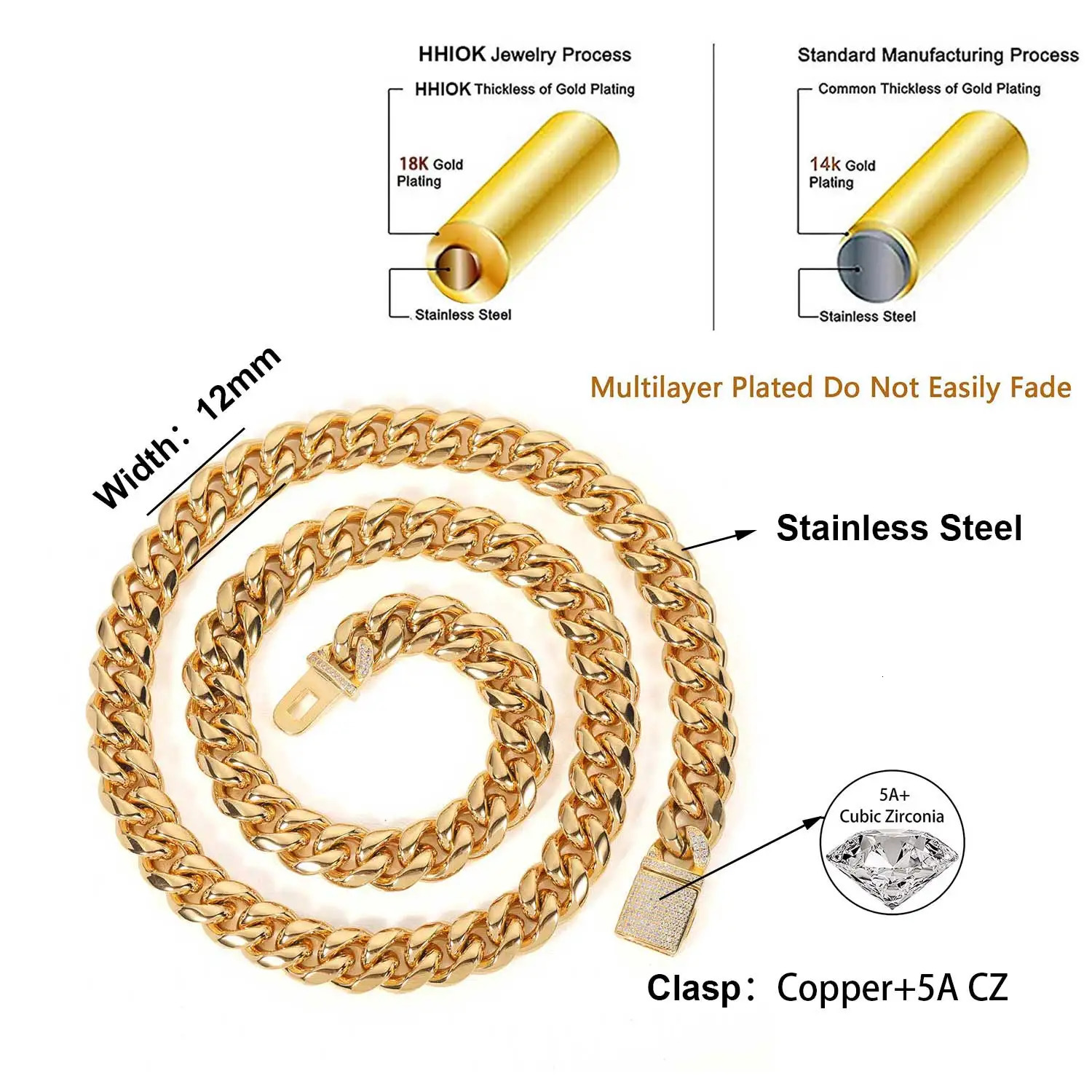 12mm Miami Mens Cuban Link Chain Necklace 316L Stainless Steel Gold Plated Necklace for Women with Full Iced Clasp 240226