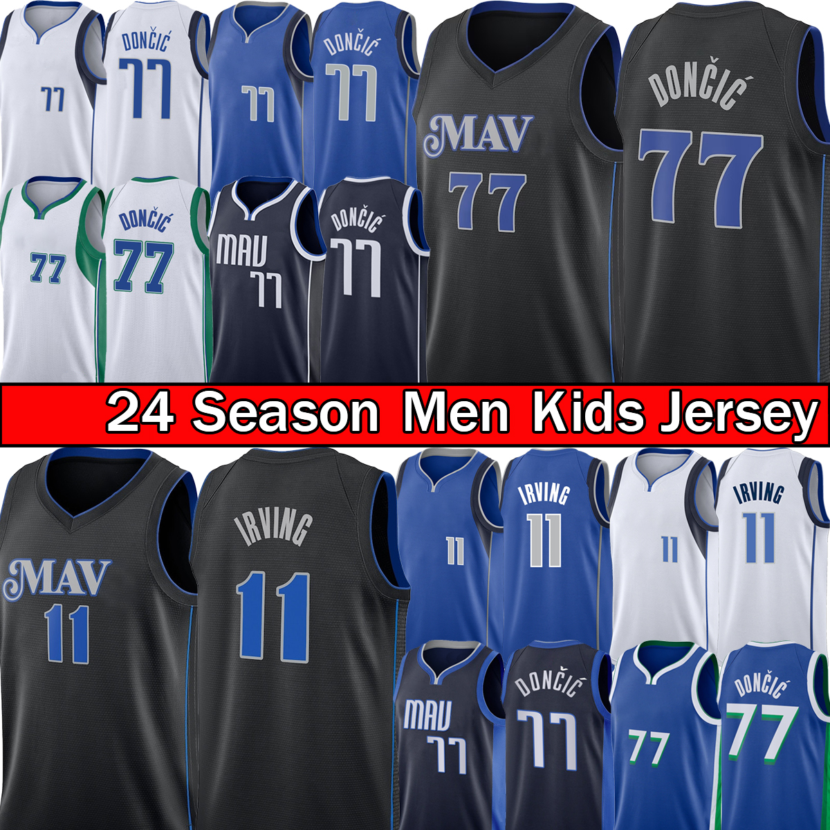 Dalla Maverickes Luka Doncic Kyrie Irving Stitched Basketball Jersey Dirk Nowitzki City 77 11 Blue Black Edition Green Jersey 2023 2024 Youth Kids Shirt