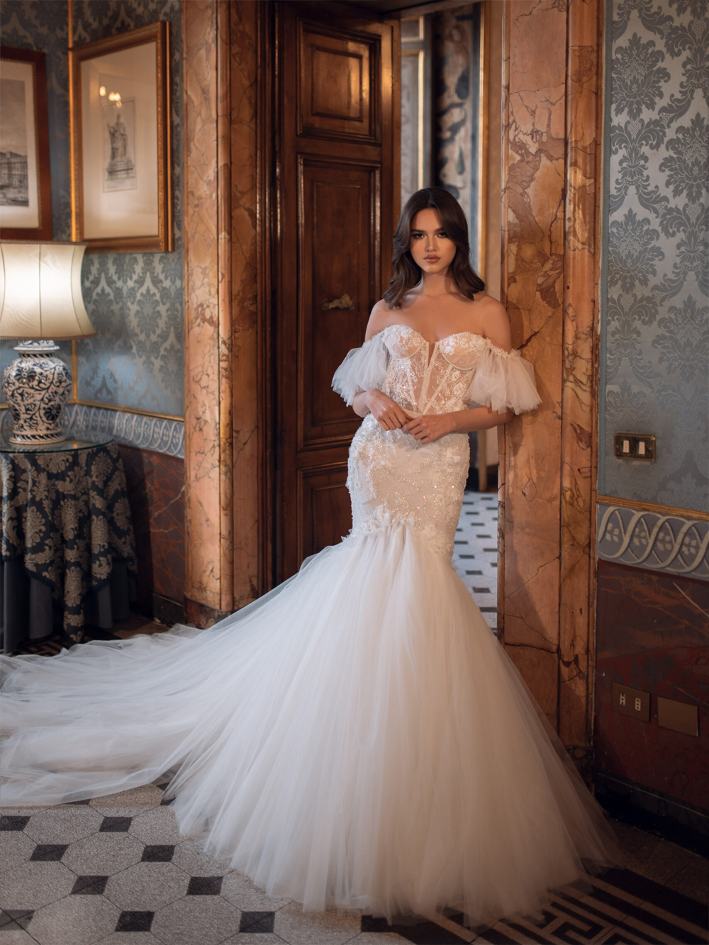 Alonlivn Elegant Embroidery Lace Sweetheart Mermaid Wedding Dress With Beading Appliques Court Train Off Shoulder Sleeves Trumpet Bridal Gowns