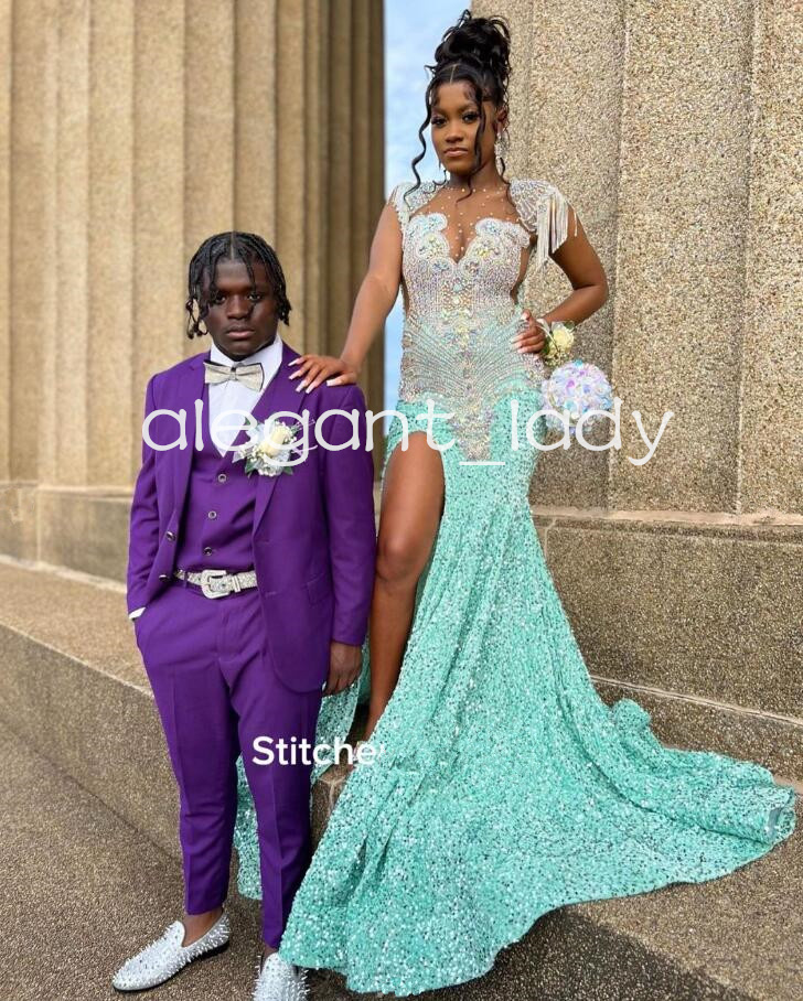Mint Green Long Sparkly Prom Formal Dresses 2024 Luxury Diamond Crystal Velvet High Slit Evening Gowns vestidos de gala