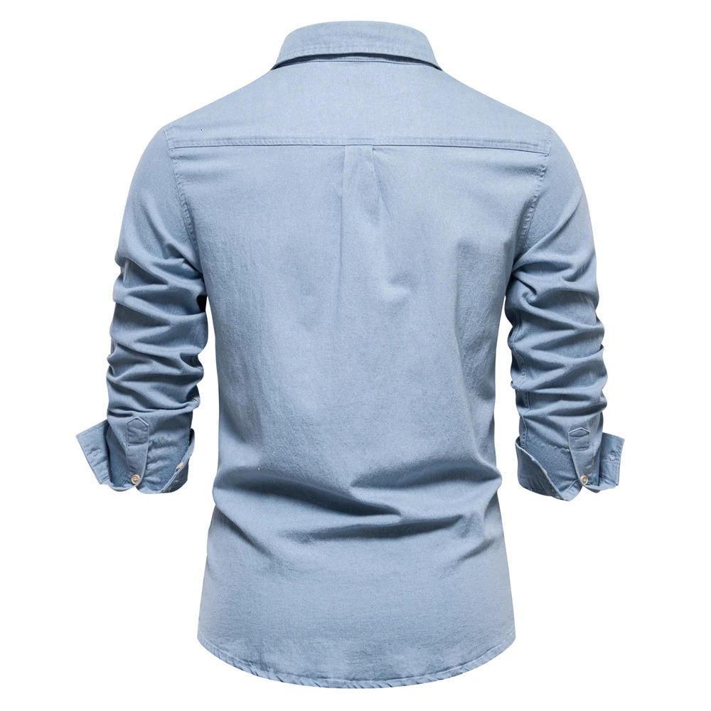 AIOPESON Autumn Cotton Mens Denim Shirt Solid Color Single Pocket Casual Long Sleeve Jeans for Men 240227