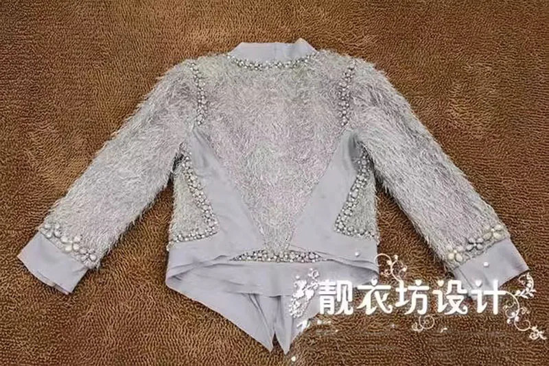 Top End Women Fashion Handmade Beading Coarse Tweed Short Coat Elegant Lady All Match Oneck Slim Cardigan Jacket 240226