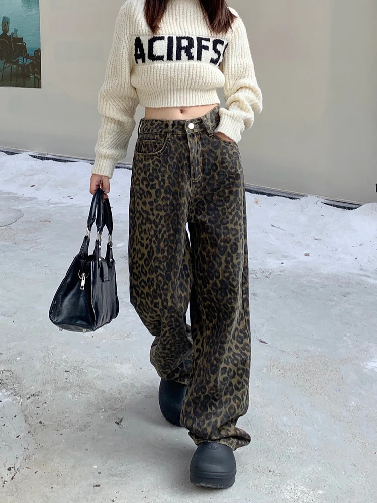 Korean Leopard Print Y2k Jeans Women Casual High Waisted Baggy Wide Leg Denim Pants Fashion Streetwear Retro Straight 240227