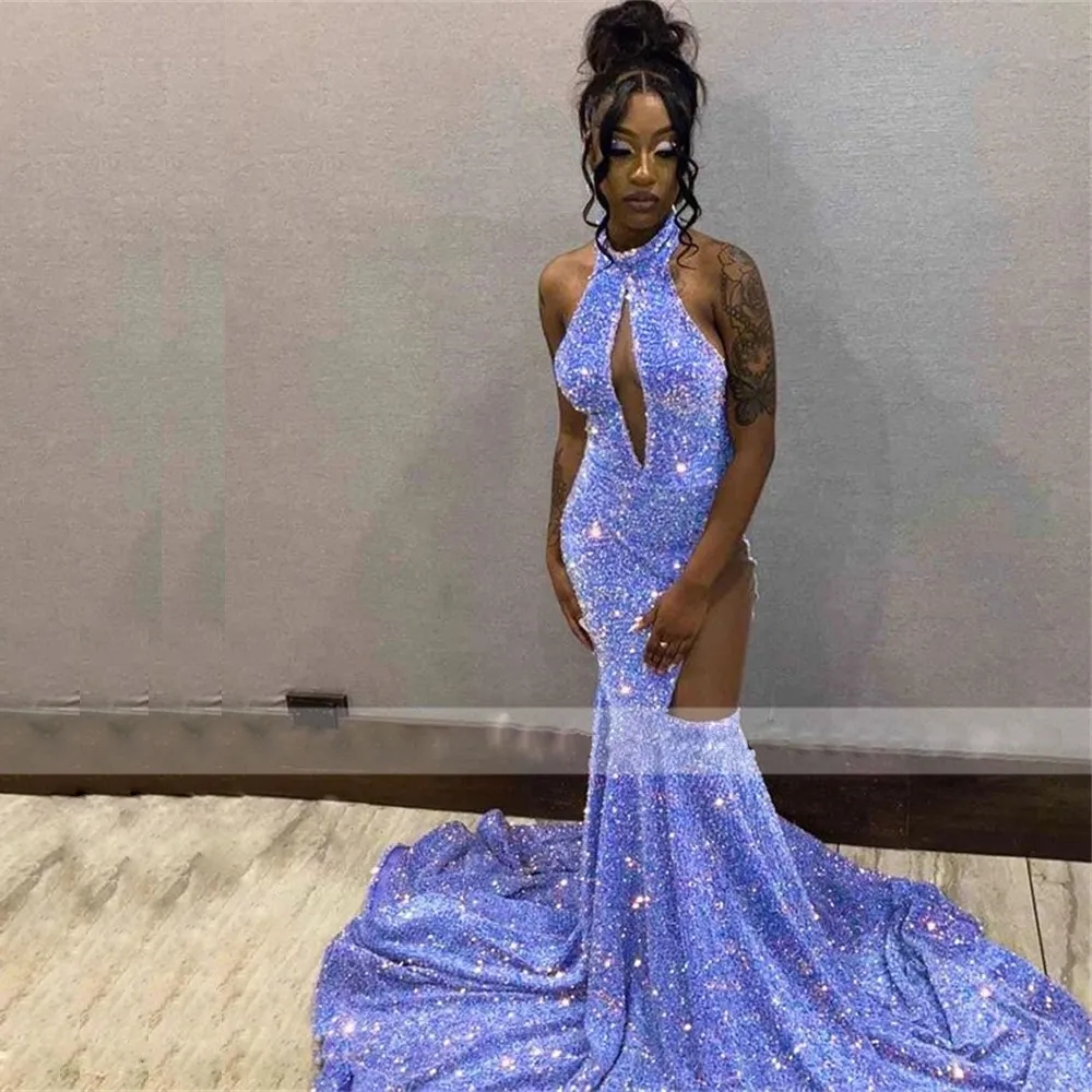 Sparkle Purple Sequins Prom Dresses 2024 Mermaid Halter Keyhole Neck Side See Through Pageant Gown Black Girls Evening Graduation Dress