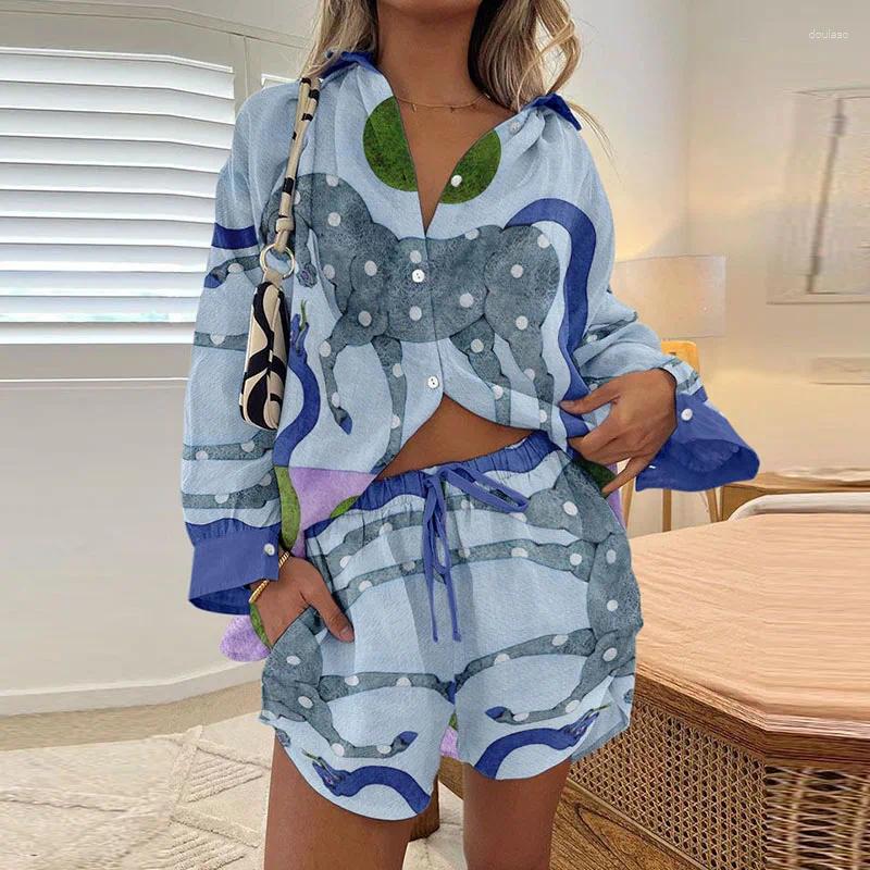 Women's Tracksuits 2024 Spring Summer Loose Long Sleeved Shirt Set Fashion Pattern Printed Beach Shorts Suits Hawaii Vacation Casual Women