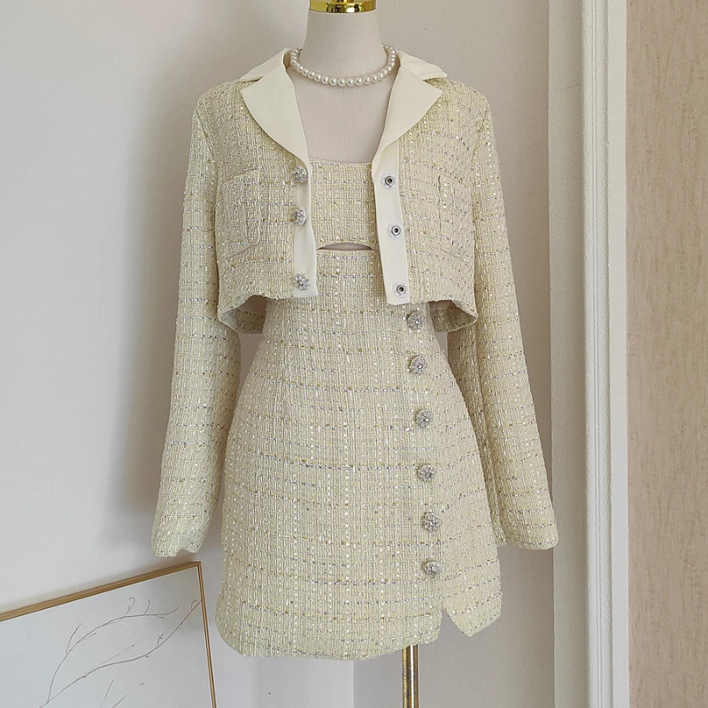 Embellished Cropped Women Tweed Blazer French Style Hollow Suspenders Mini Dress Cropped Jacket Autumn in Two Pieces Set 240223