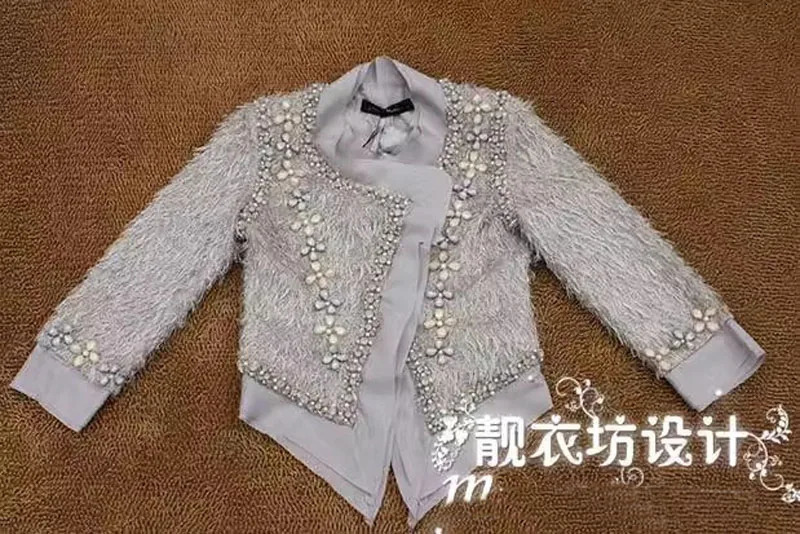 Top End Women Fashion Handmade Beading Coarse Tweed Short Coat Elegant Lady All Match Oneck Slim Cardigan Jacket 240226