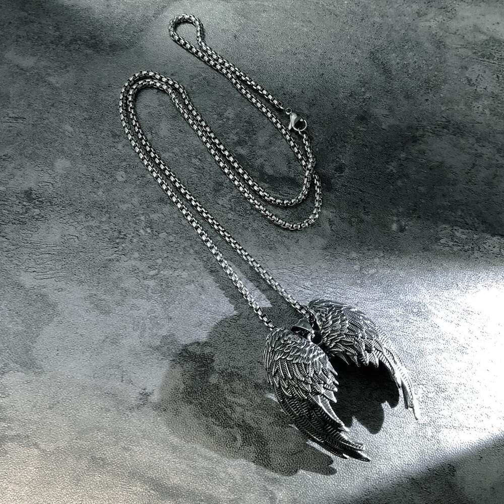 Wolf Tide New Fashion Angel Wings Pendant Necklace Iron Warrior Creative Stainless Steel Chain Personalized Trendy Men's Hip Hop Punk Jewelry Who