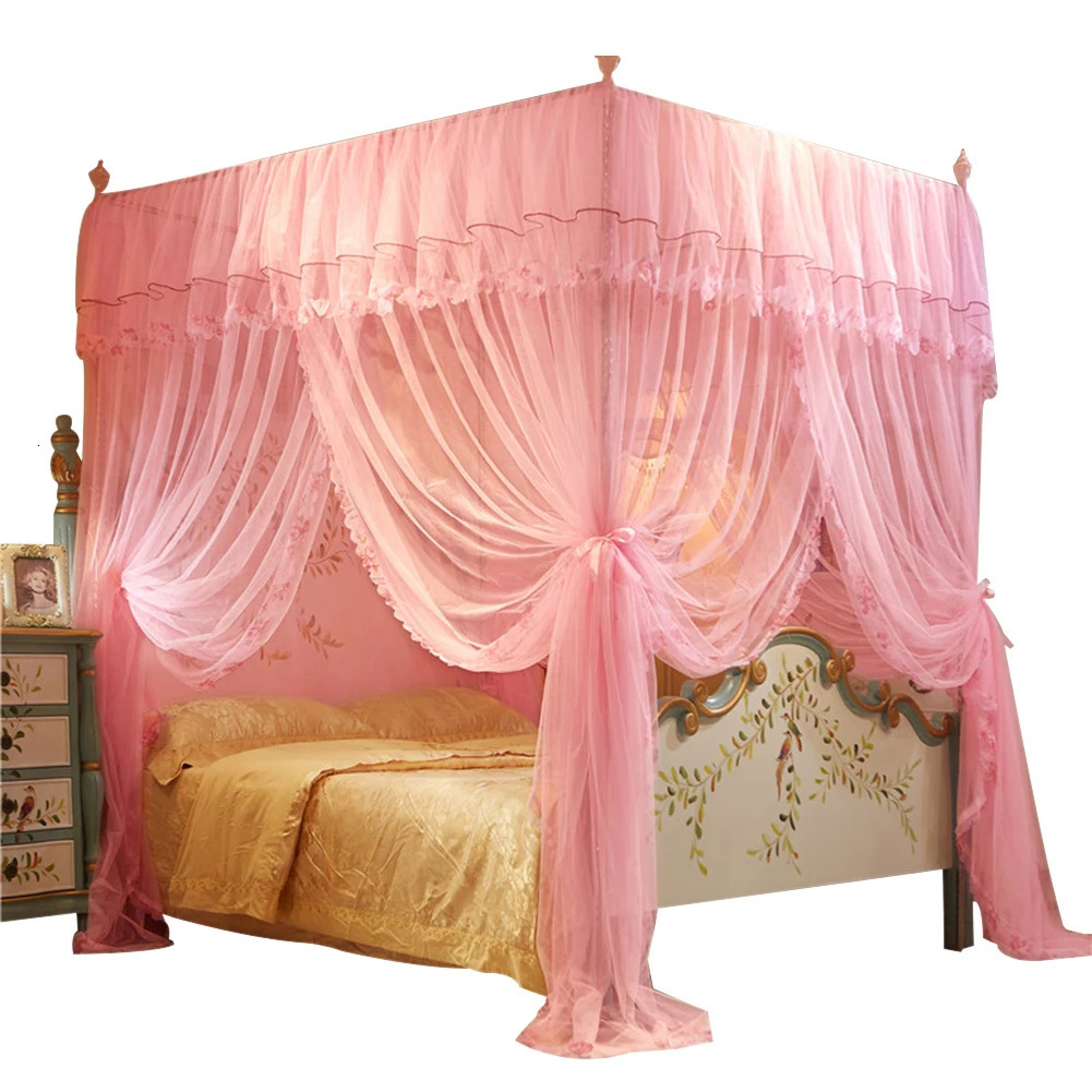Romantic Mosquito Net Bed Canopy Princess Queen Mosquito Bedding Net Bed Tent Four Posters Floor-Length Curtain Tent Mesh 1.5x2m 240228