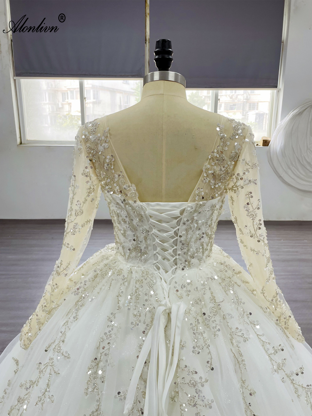 Alonlivn Luxury Full Sleeves Ball Gown Wedding Dress Beading Pearls Sequined lace Chapel Train Illusion Scoop Bridal Gowns Can Be Customized