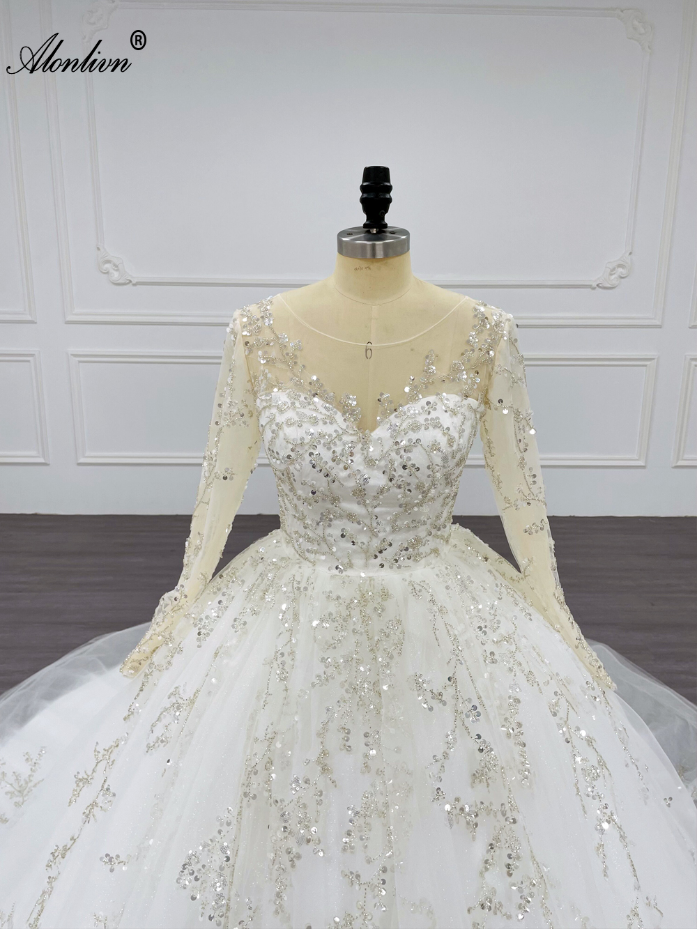 Alonlivn Luxury Full Sleeves Ball Gown Wedding Dress Beading Pearls Sequined lace Chapel Train Illusion Scoop Bridal Gowns Can Be Customized