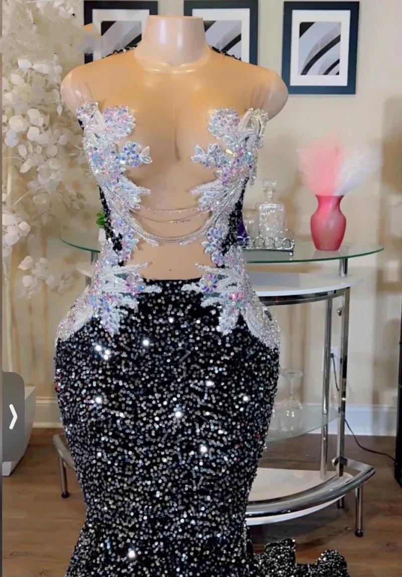 Sexy Black Sequins Mermaid Prom Dresses For Arabic Women Lace Applique Party Gowns Long Evening Dress Vestidos De Graduacion