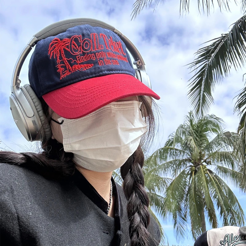 Niche Color Matching Baseball Cap Korean Coconut Tree Retro College Womens Hats Couple Casual Caps Summer Outdoor Sun Hat Men 240220