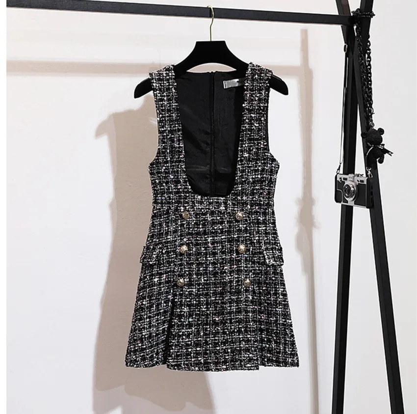 S-XXL Autumn Winter 2 Piece Set Dress Fashion Women Chiffon Ruffles Bow Shirt Double-breasted Plaid Tweed Dress Set 240223