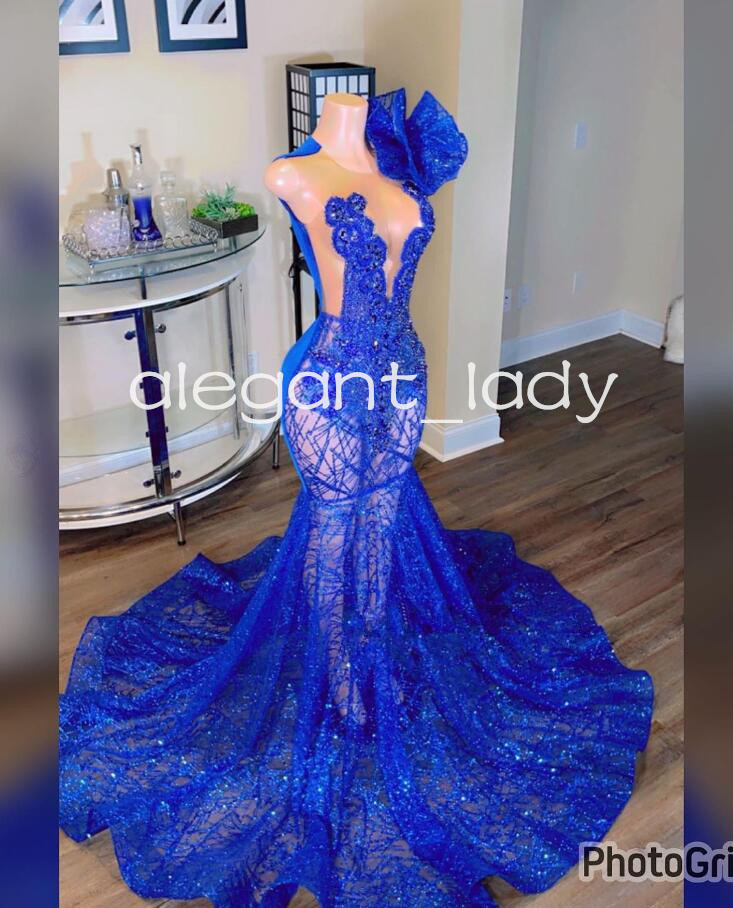 Royal Blue Long Mermaid Evening Formal Dresses fow Women 2024 Sparkly Diamond Crystal Gillter Prom Gala Gown Sheer Mesh