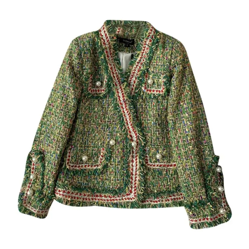 spring autumn small fragrance tweed blazers women fashion ladies vneck OL plaid suit jacket 240226