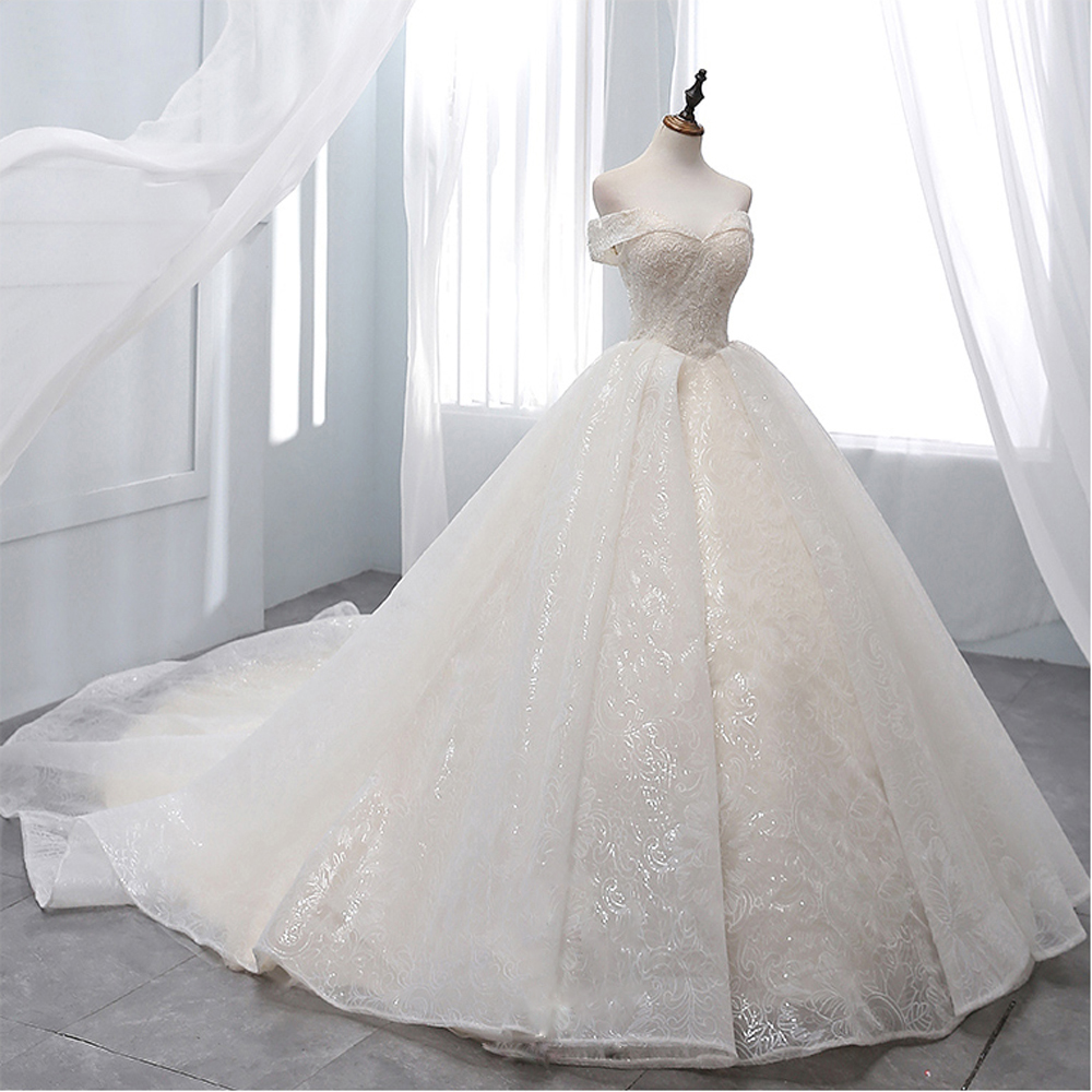 Alonlivn Elegant Off Shoulder Sleeves Ball Gown Wedding Dress Shiny lace Chapel Train Sweetheart Bridal Gowns Can Be Customized