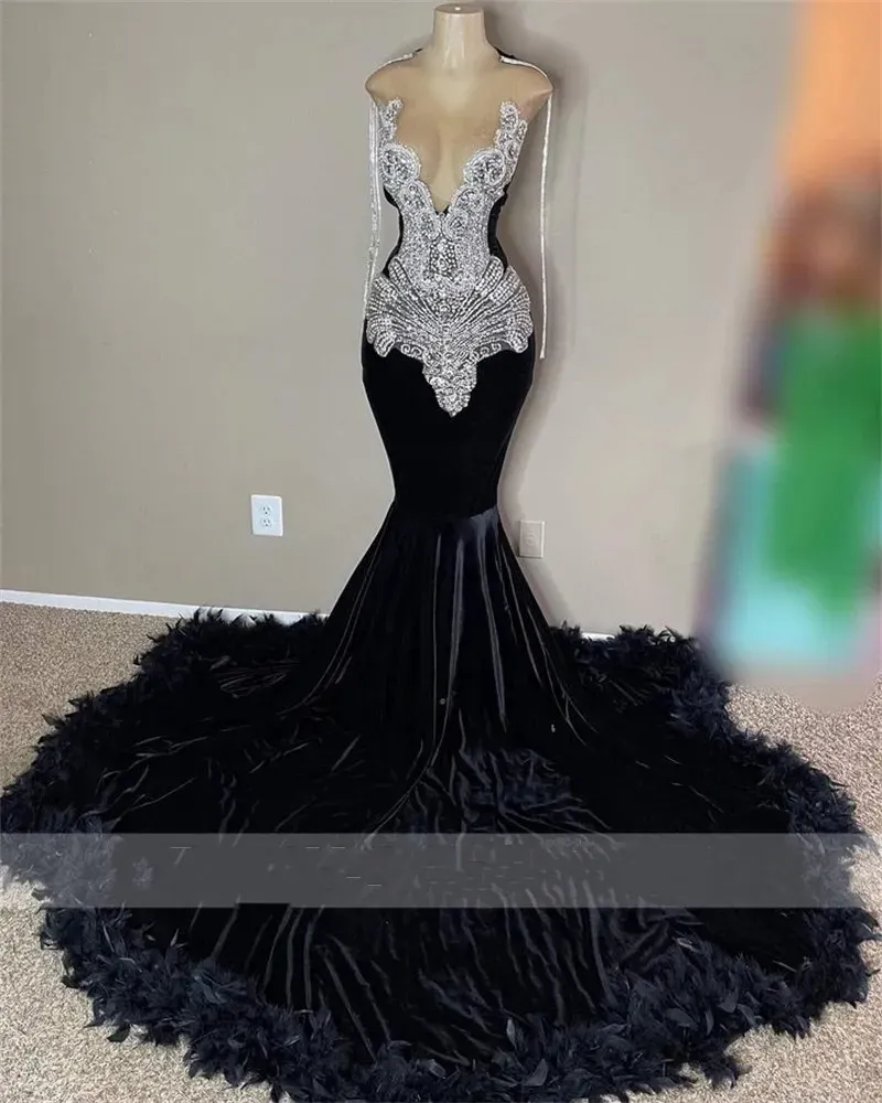 Veet Sheer O Neck Long Prom Dress For Black Girls Beaded Crystal Birthday Party Dresses Feathers Mermaid Evening Gown Tassel 0301