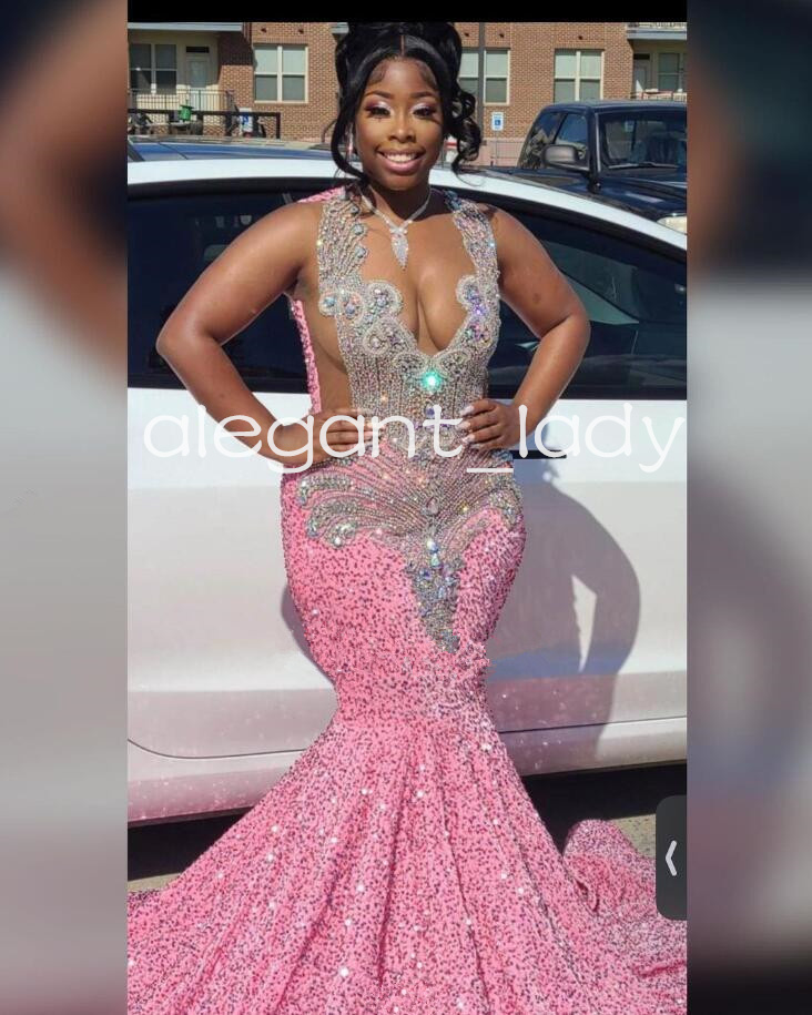 Rose Pink Sparkly Trumpet Evening Formal Dresses Luxury Diamond Beaded Velvet Sheer Mesh Black Girl Prom Birthday Dress