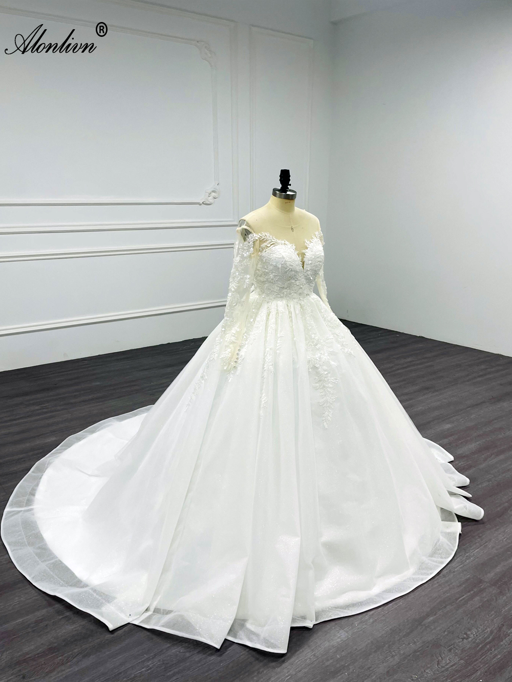 Alonlivn Chic Illusion V-Neck Full Sleeves Ball Gown Wedding Dress Beading Sequined shiny lace Court Train Bridal Gowns Can Be Customized