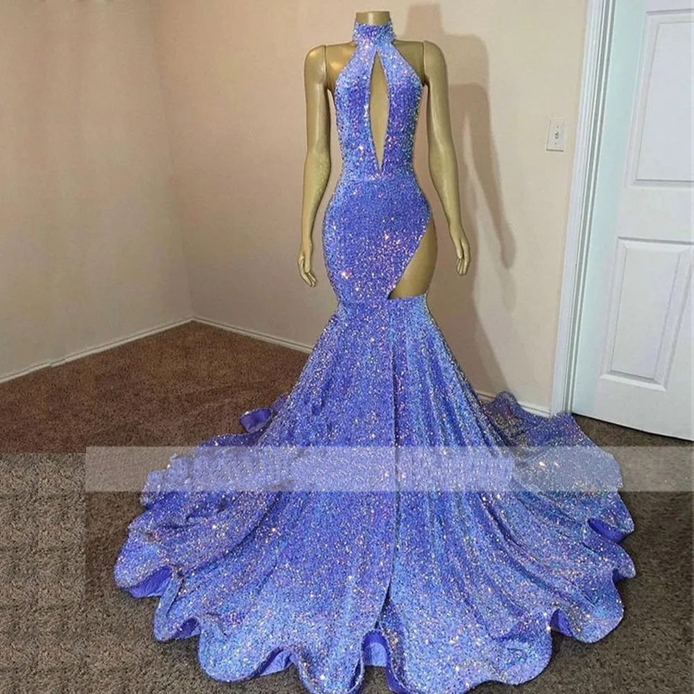 Sparkle Purple Sequins Prom Dresses 2024 Mermaid Halter Keyhole Neck Side See Through Pageant Gown Black Girls Evening Graduation Dress
