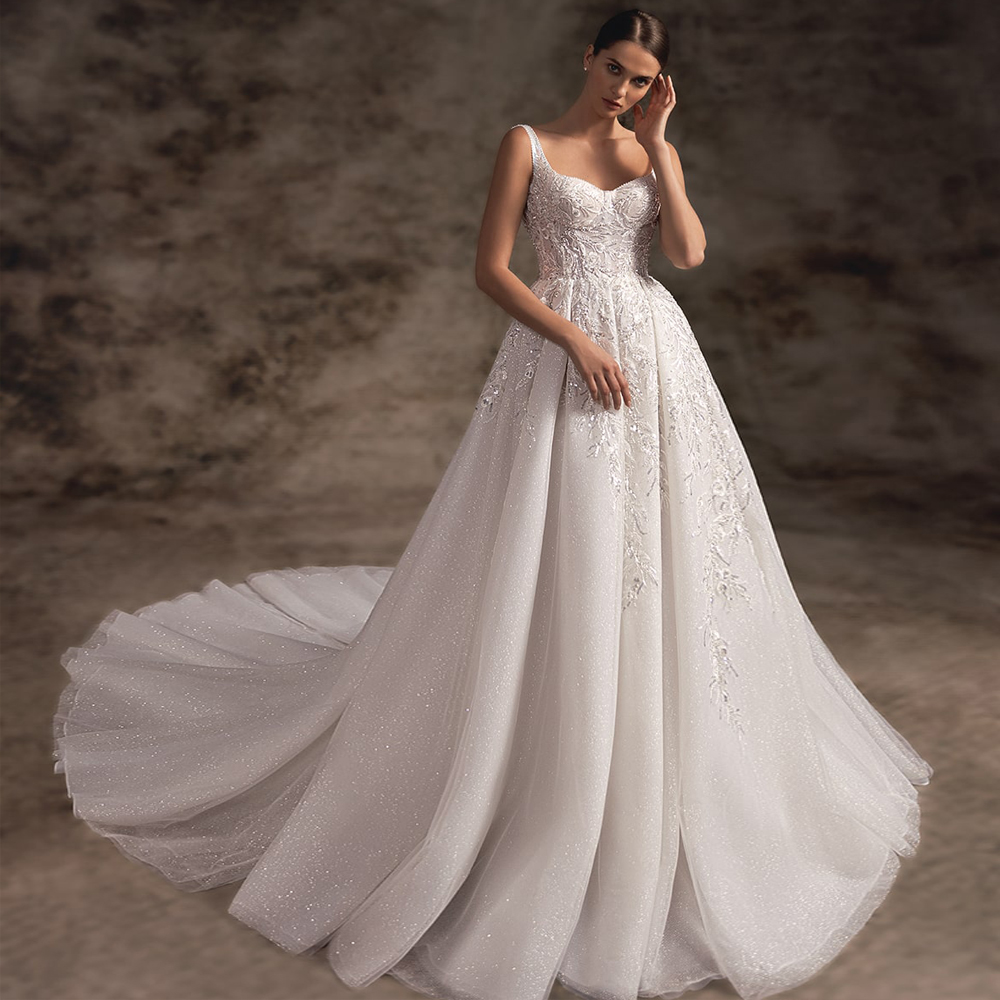 Elegant Square Collar A-Line Wedding Dress Beading Appliques Shiny lace Spaghetti Straps Sleeveless Bridal Gowns Can Be Customized