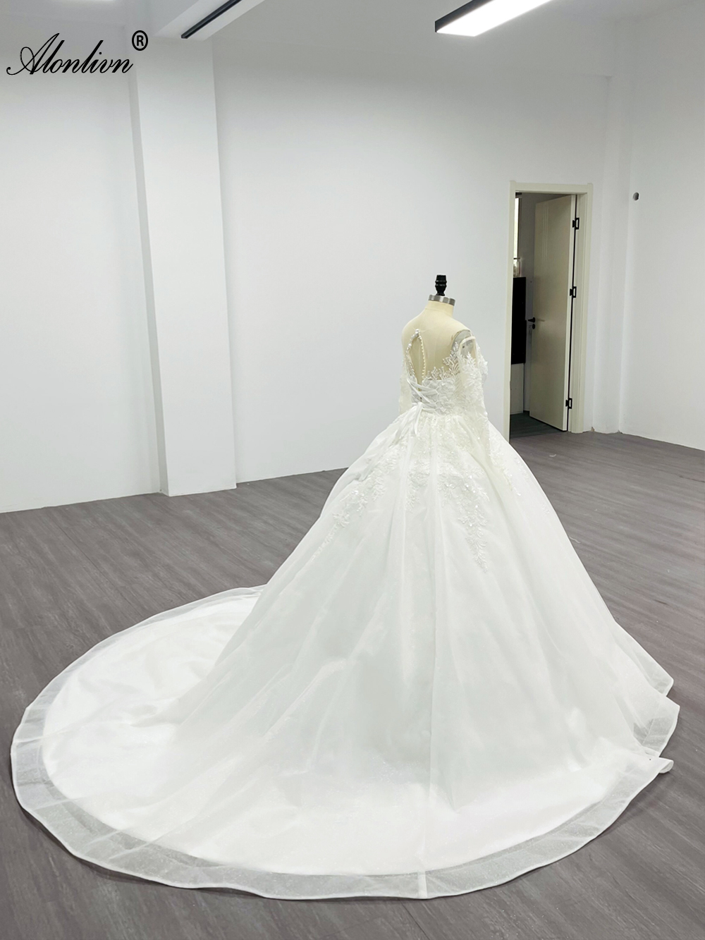 Alonlivn Chic Illusion V-Neck Full Sleeves Ball Gown Wedding Dress Beading Sequined shiny lace Court Train Bridal Gowns Can Be Customized