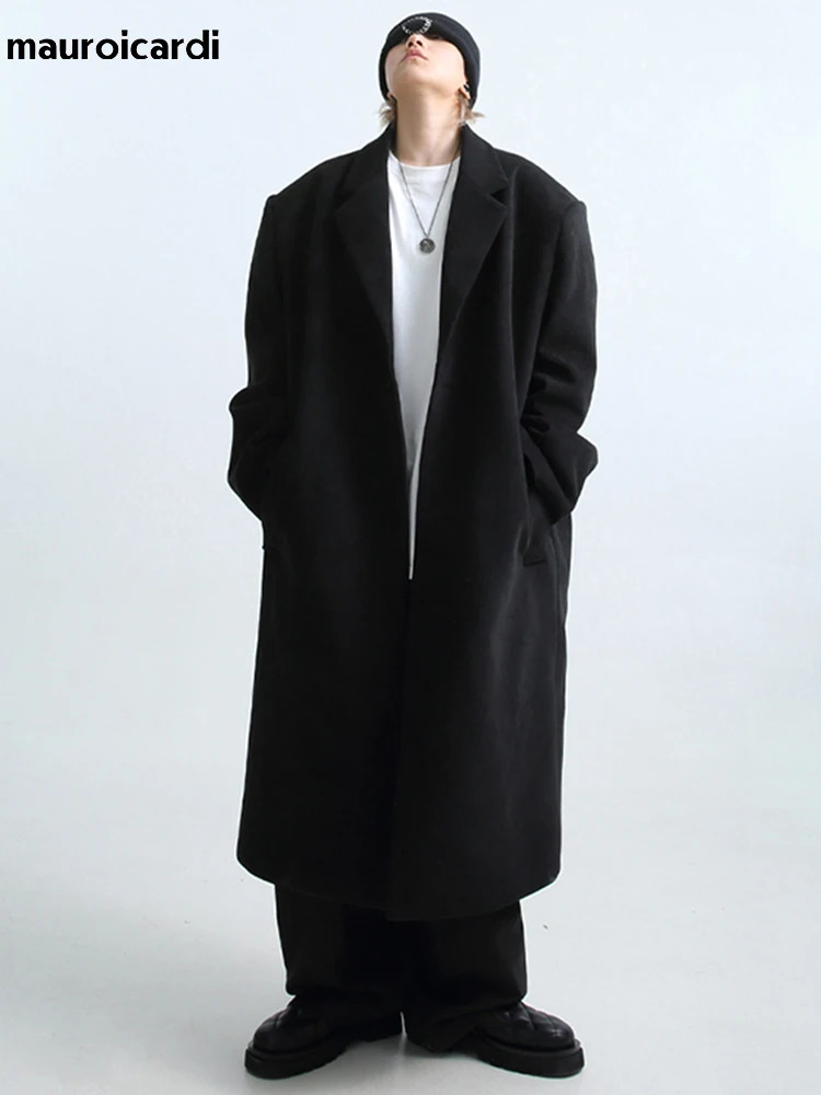 Mauroicardi Autumn Winter Long Oversized Warm Soft Black Trench Coat Men with Shoulder Pads Loose Casual Korean Fashion Overcoat 240219