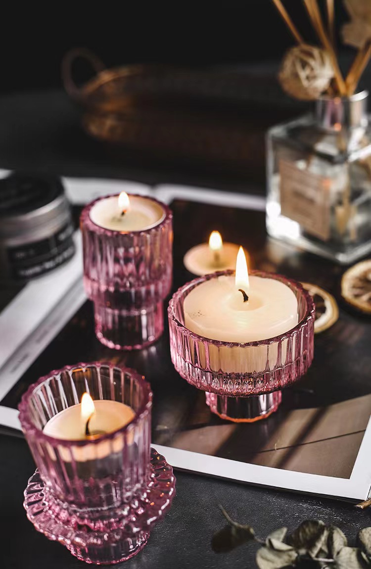 Pink Glass Home Decor Candle Holders Wedding Decoration Accessories Candlesticks For Candelabro Centerpiece Vertical Stripes