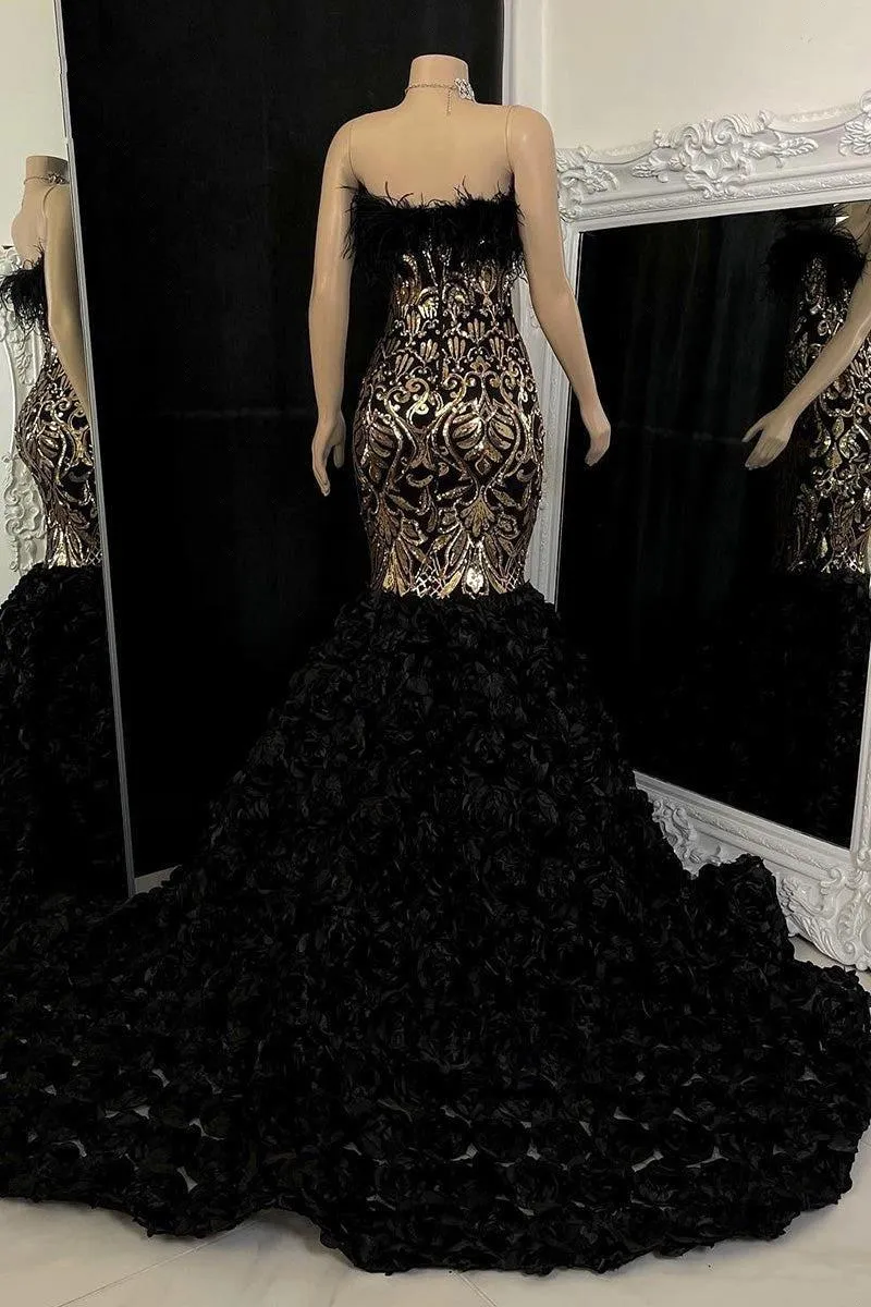 Deep Purple Cascading Lace Wers Feather Prom Dresess Sexy Mermaid Strapless Backless Black Evening Gowns Formal Bc18277 Lz0304
