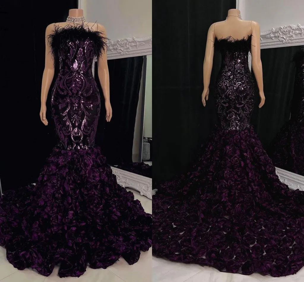 Deep Purple Cascading Lace Wers Feather Prom Dresess Sexy Mermaid Strapless Backless Black Evening Gowns Formal Bc18277 Lz0304