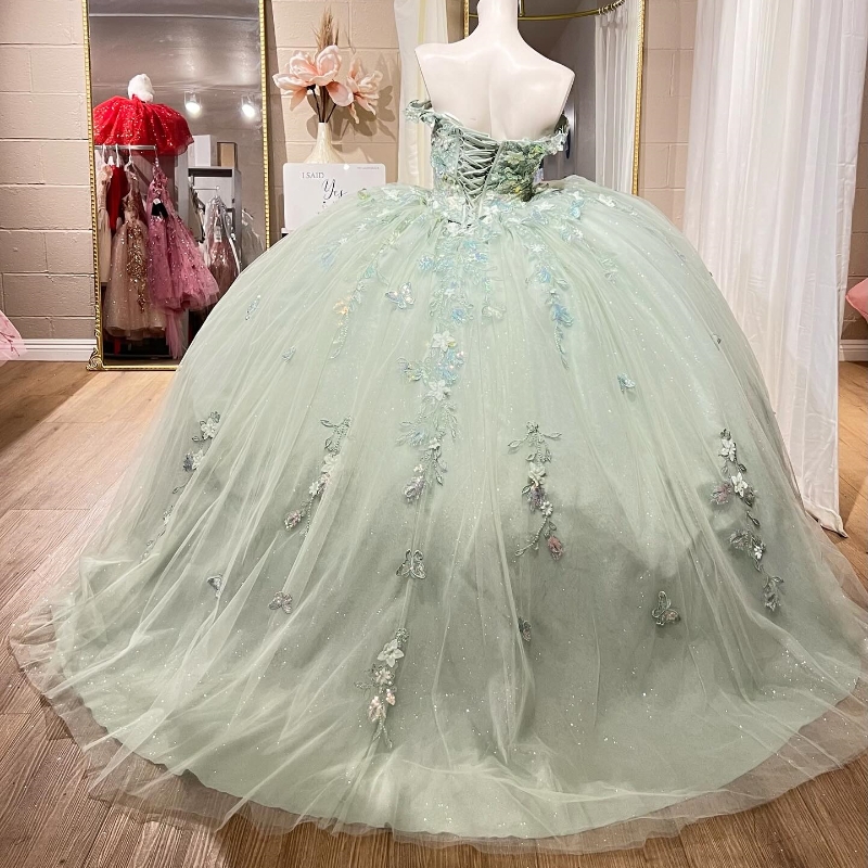 Light Green Quinceanera Dresses Sweet 16 Year Ball Gown Off the Shoulder Applique Bow Tull Party Birthday Dress for Girl vestidos de 15 anos