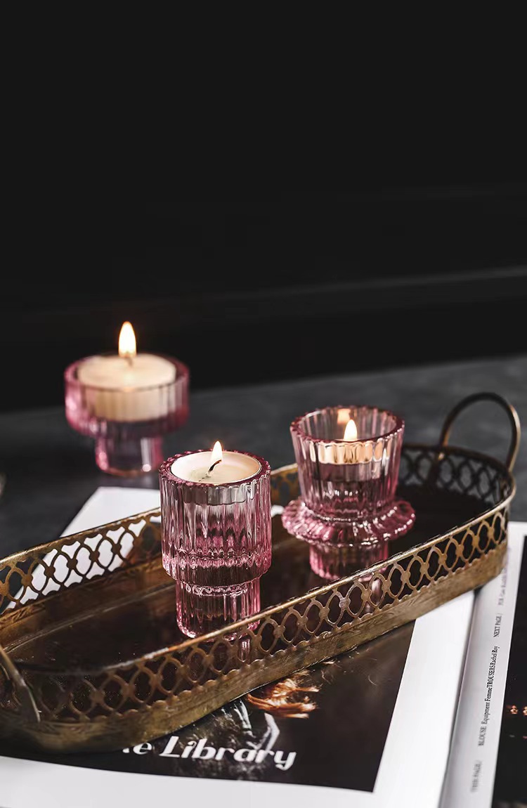 Pink Glass Home Decor Candle Holders Wedding Decoration Accessories Candlesticks For Candelabro Centerpiece Vertical Stripes